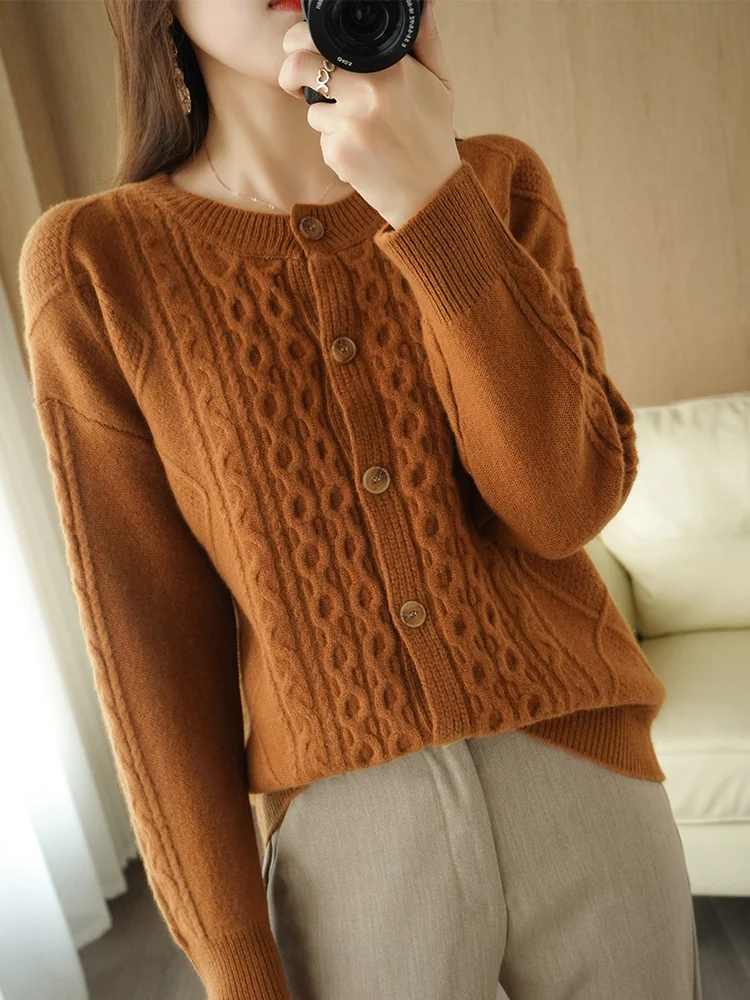 Women's Sweater O-neck Twist Flower Cardigan 100% Merino Wool Thick Knitwear High Quality Autumn Winter Korean Popular Clothes