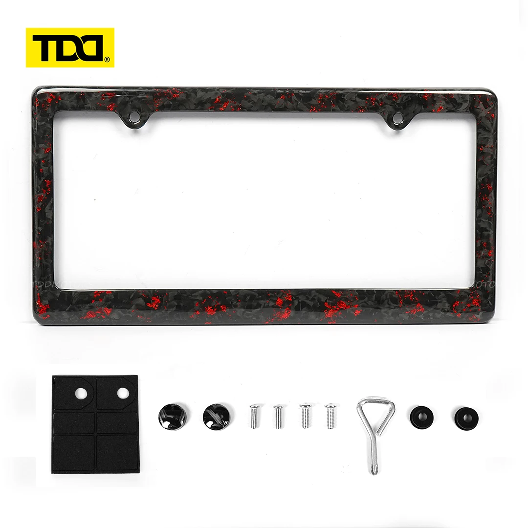 Glossy Red Forged Pattern Carbon Fiber License Plate Frame For US 2 Hole Car Tag Holder Cover With Screw Caps