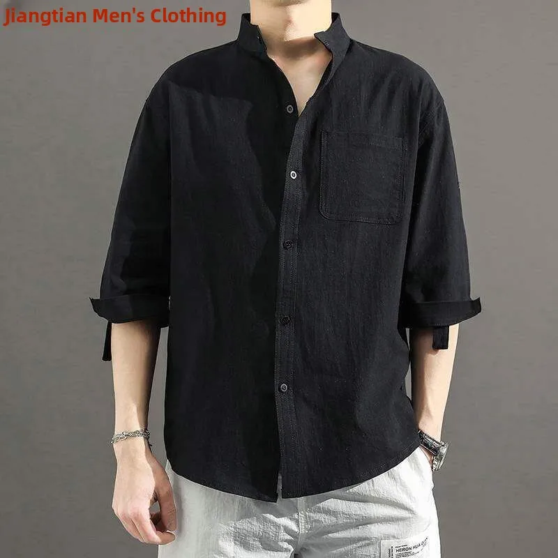 

Men's Cotton Linen Shirt Short Sleeve Stand Collar Korean Style Handsome Trendy Seven Sleeve Upper Body Autumn Season