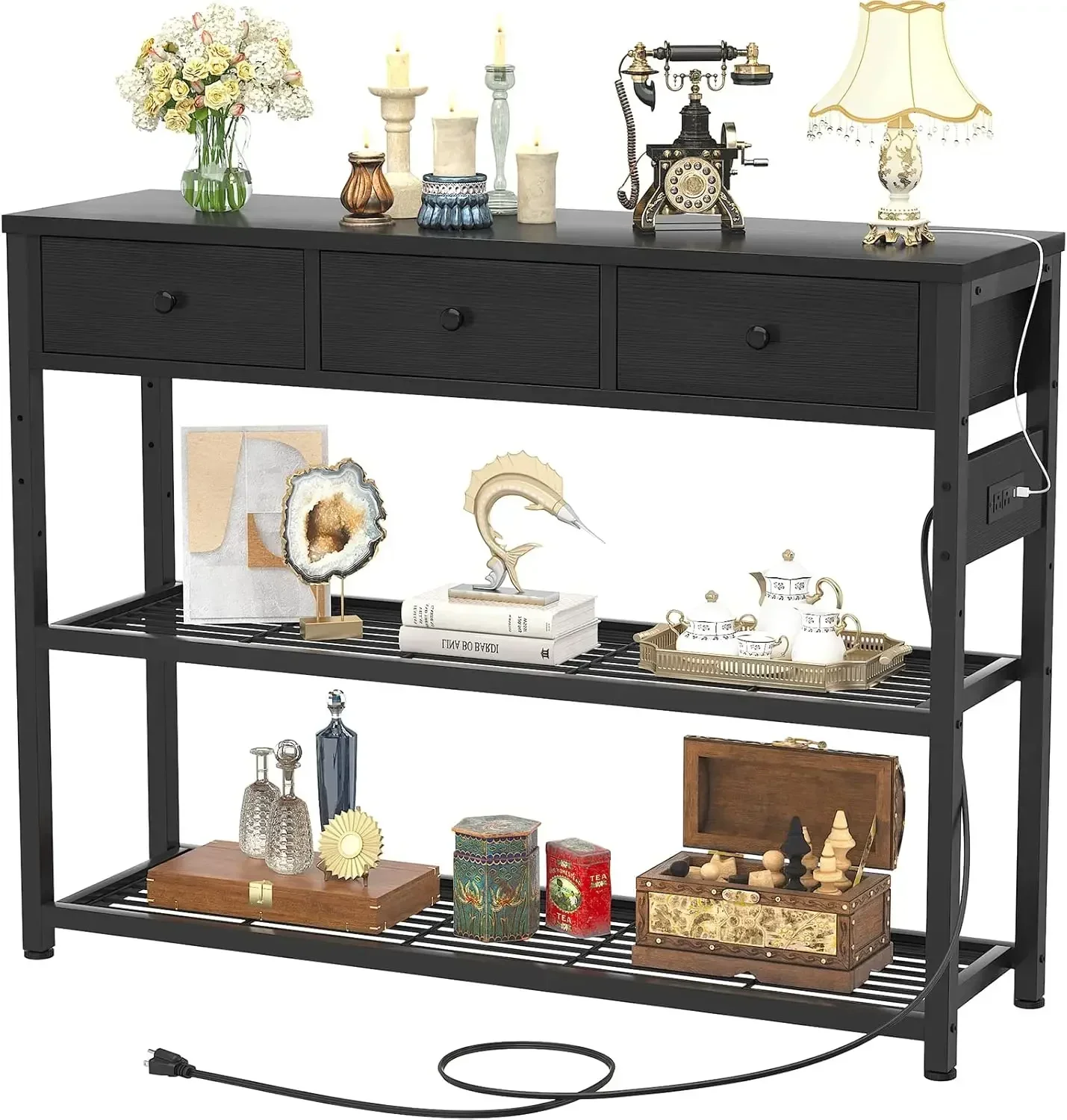 

47'' Entryway Table with Outlets and USB Ports, Console Table with 3 Drawers, Sofa Table Narrow Long with Storage Shelves