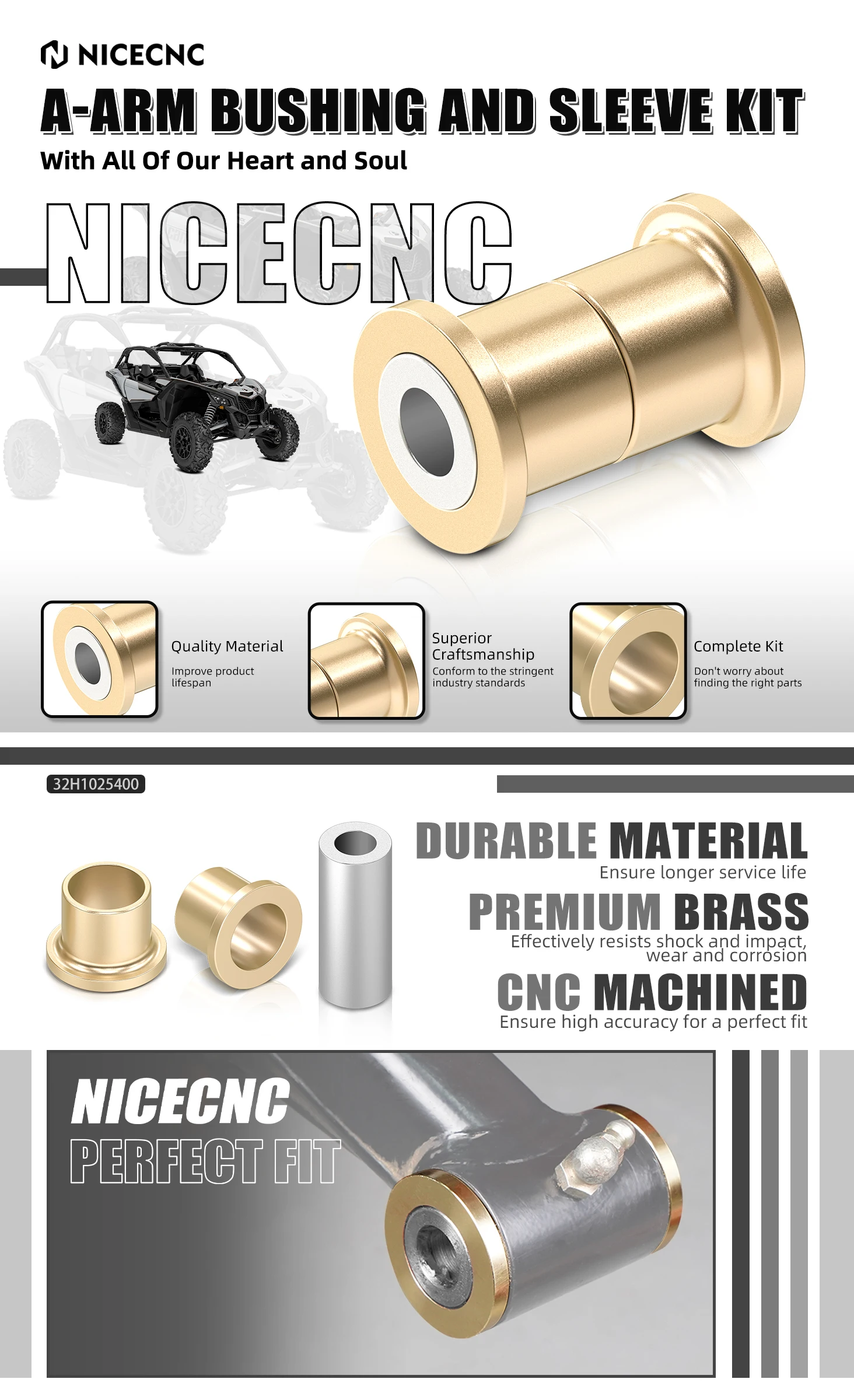 NICECNC UTV X3 A-Arm-Buchsen- und Hülsen-Set aus Messing für Can Am Maverick X3 RR Turbo Trail 800 1000 Sport 1000 – Detail 1