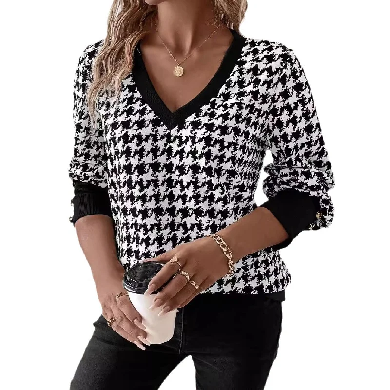 Jesień Eleganckie Kobiety Patchwork V-neck Print Leopard Button Modne Luźne Minimalistyczne Casualowe Bluzy z kapturem T-shirt z długim rękawem Tops
