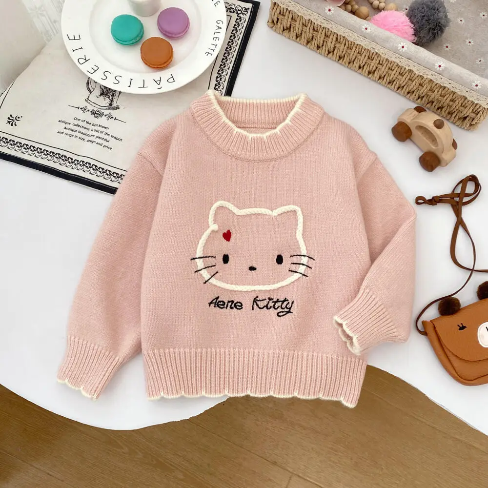سانريو مرحبا كيتي الفتيات الخريف والشتاء الكرتون سترة نمط جديد الفتيات Kawaii نمط جولة الرقبة Kt القط سترة البلوز الأعلى