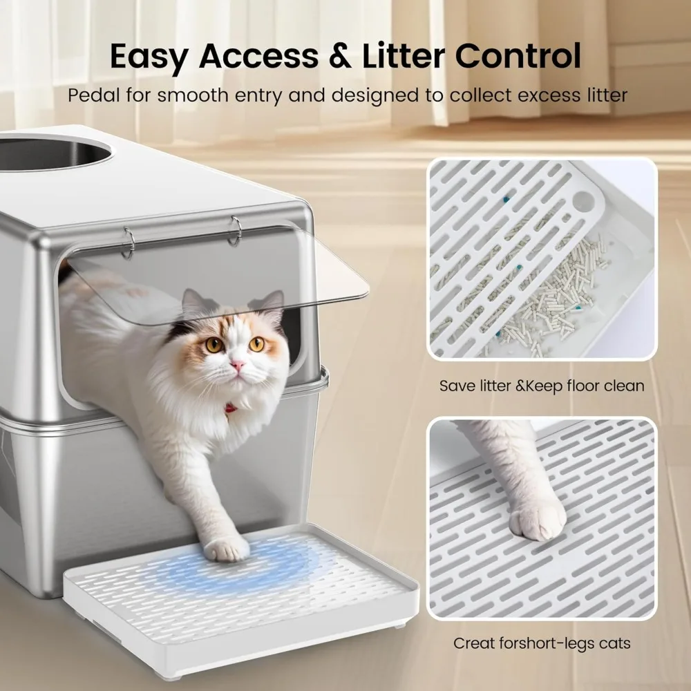Large Enclosed Stainless Steel Cat Litter Box with High Sides, Dog-Proof, Odor Control, Easy Clean