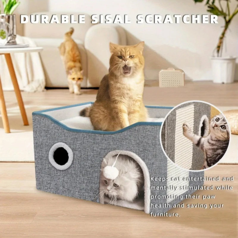 

Luxury Cat Tree Bed Large Cat Cave for Pet Cat House with Fluffy Ball Hanging and Scratch Pad