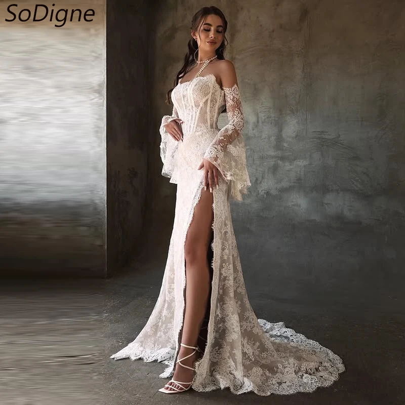 SoDigne Mermaid Lace Wedding Dresses Strapless Detachable Sleeves Bridal Dress Split Wedding Gown Robe De Mairee ﻿Customized