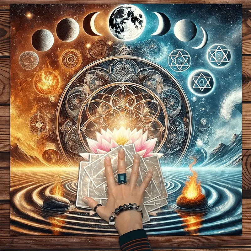 50/75/110cm Mystical Mandala Lotus Altar Cloth Tarot Card Tablecloth Moon Phase Celestial Water Fire Spiritual Divination Cloth