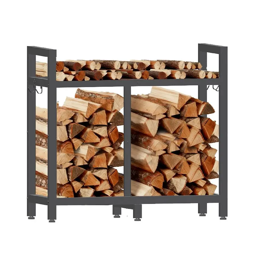 

ZYATKSML 34inch Firewood Rack Indoor Outdoor, Fireplace Wood Holder Indoor, Firewood Storage With Hooks, Adjustable Pads, Heavy