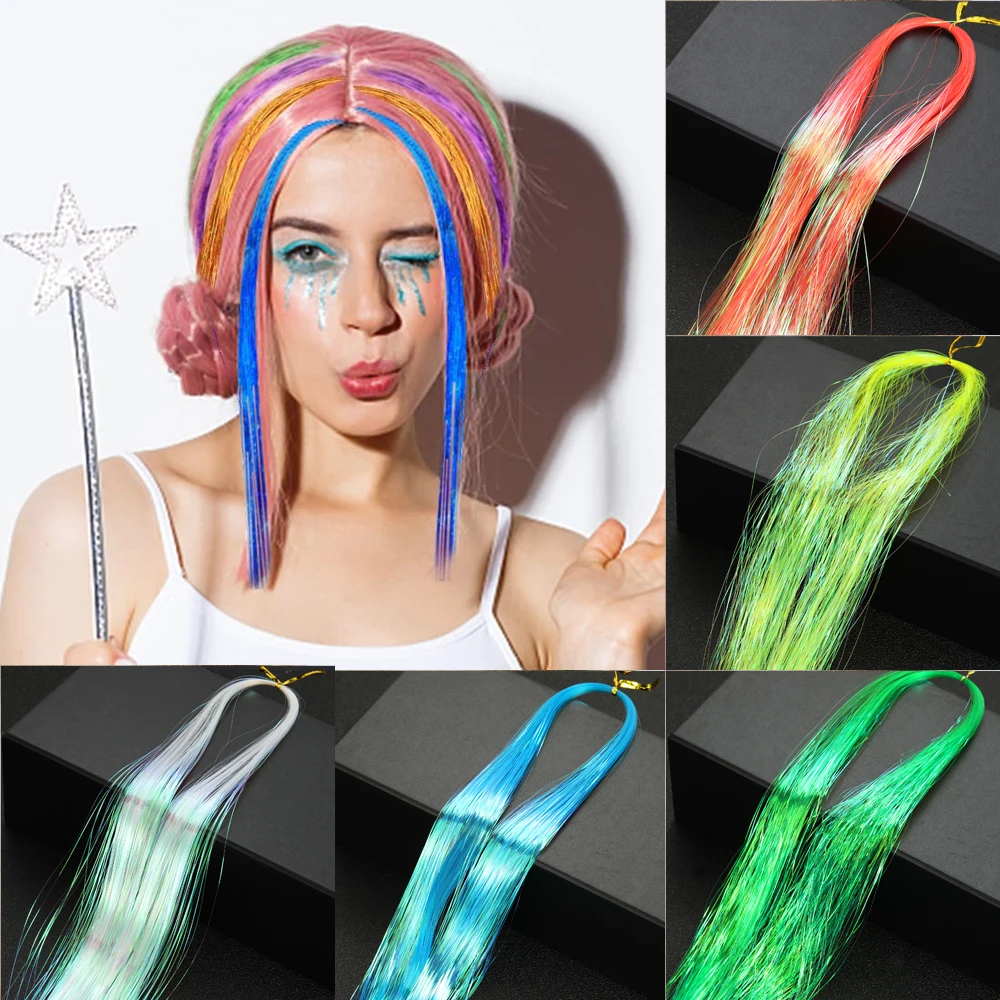 Extension Capillaire Synthétique, Tinsel, Mèches Colorées Arc-en-Ciel, Vêtements de Sauna pour Bol, Faux Décor Laser, 90cm, 1 Pièce