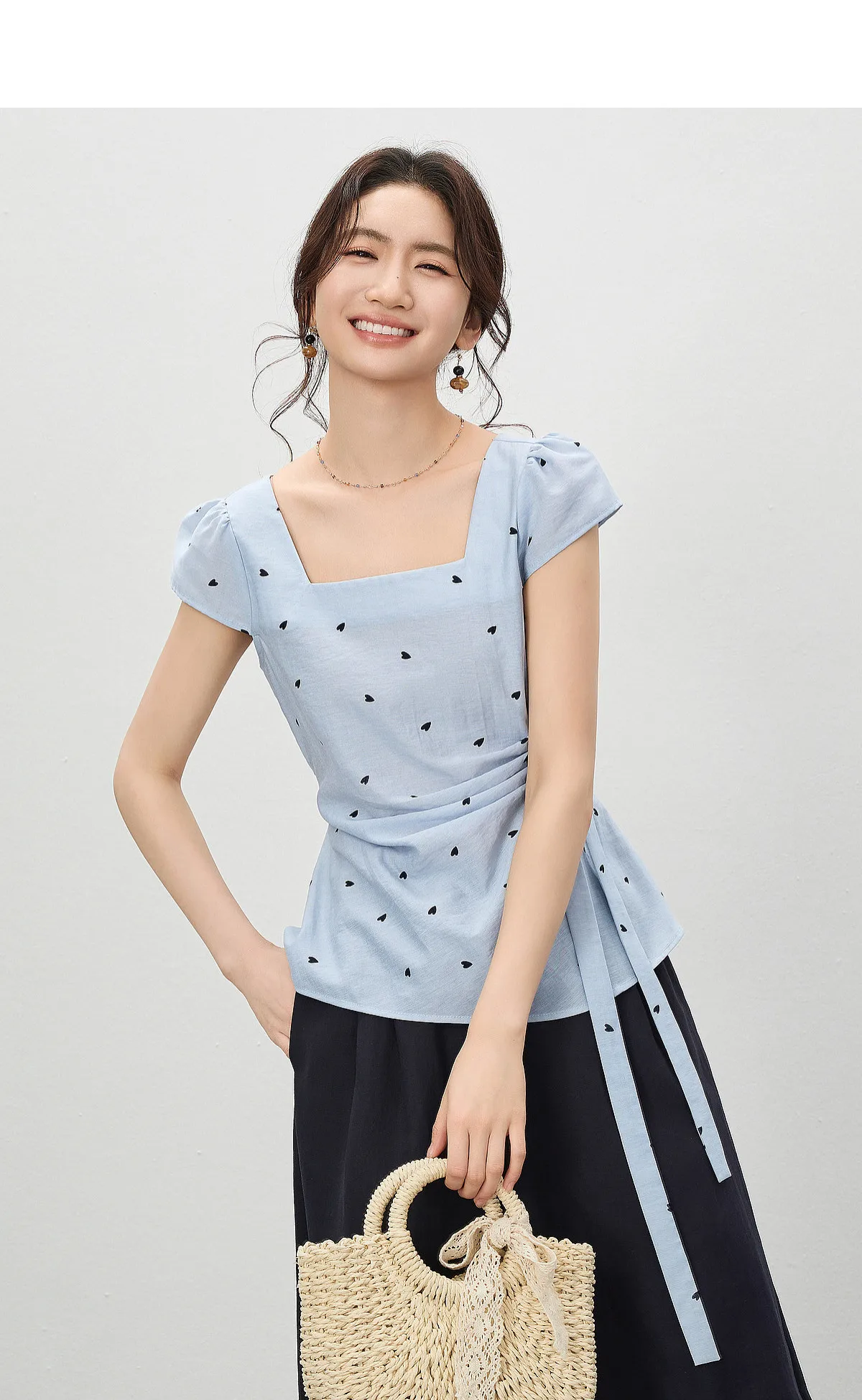 SENTUBILA Damen Chiffonbluse mit Herzmuster, Sommer, Gelb, Quadratischer Ausschnitt, Plissiert, Geraffte Taille, Kurzarm-Hemd 162VB5766 – Detail 6
