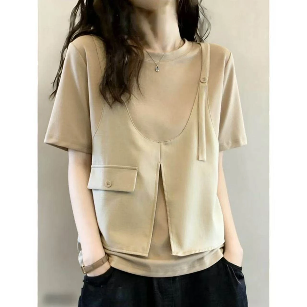 Women's Summer Loose Fit Short Sleeve Vest And T-Shirt Set Large Size Concealed Belly Casual Breathable Fashion Top