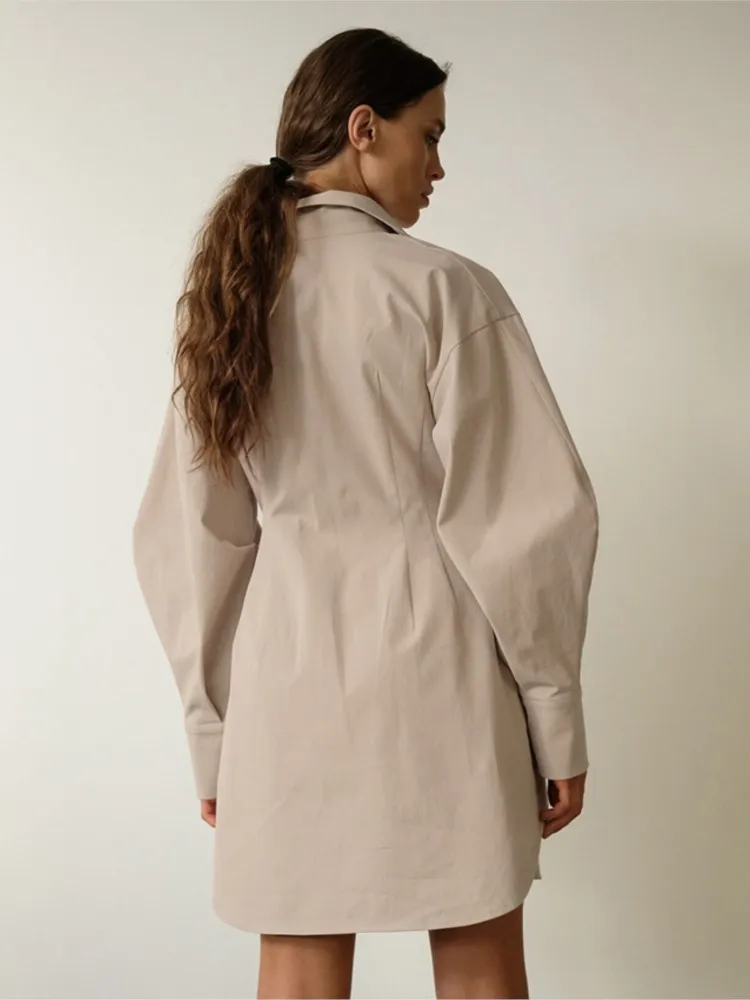 Woman's Elegant Mini Dress Spring Fashion Lapel Long Sleeved Dresses Ladies Solid Color Single Breasted Waist Cinched Vestidos