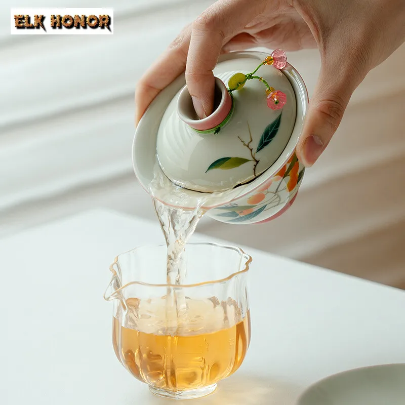 145ml Pure Hand-painted Loquat Gaiwan Chinese Three Talented Tea Tureen Tea Making Pendant Cover Bowl Tea Ceremony Ornaments