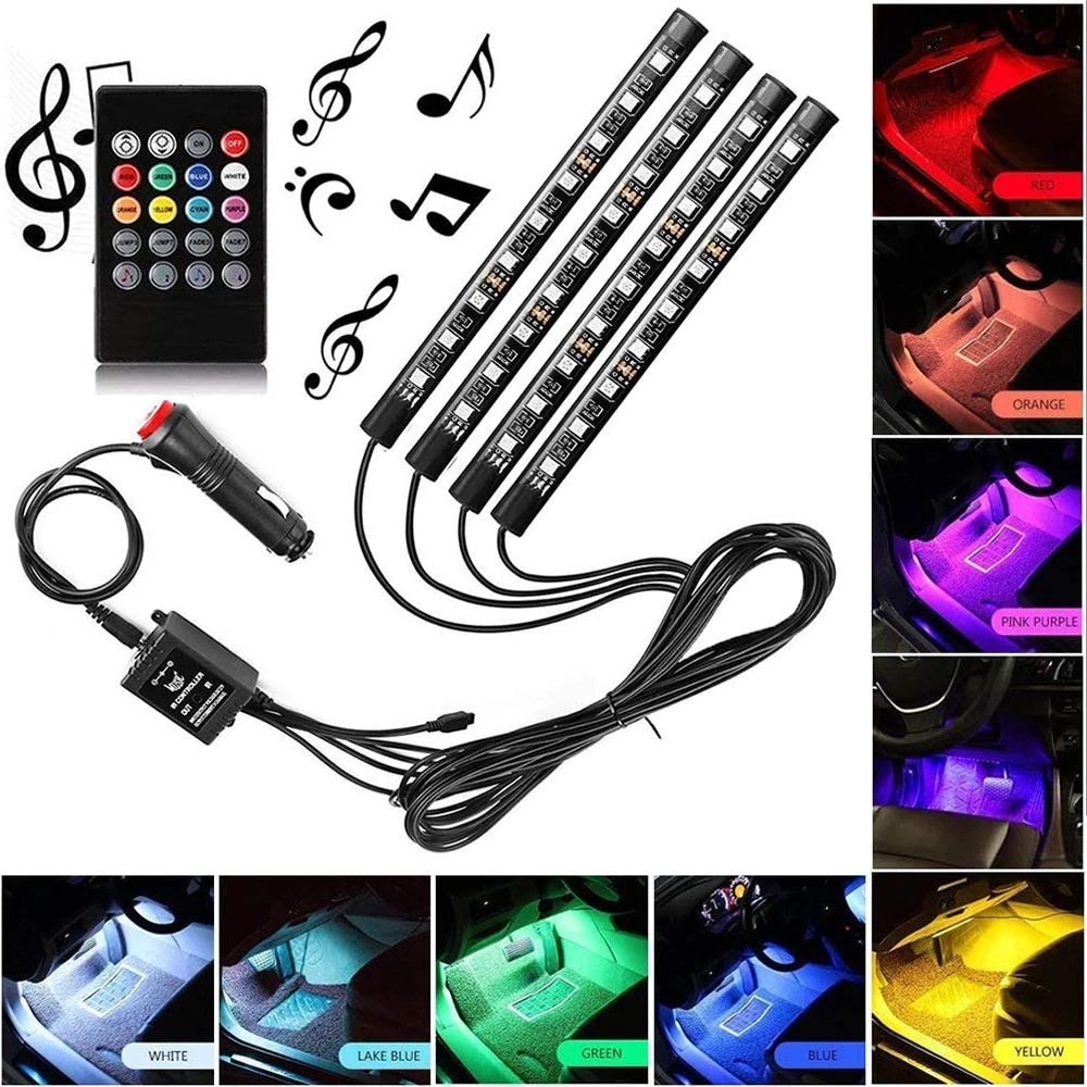 LED Car Foot Light Ambient Lamp With USB Cigarette Wireless Remote Music Control RGB Auto Interior Decorative Atmosphere Lights