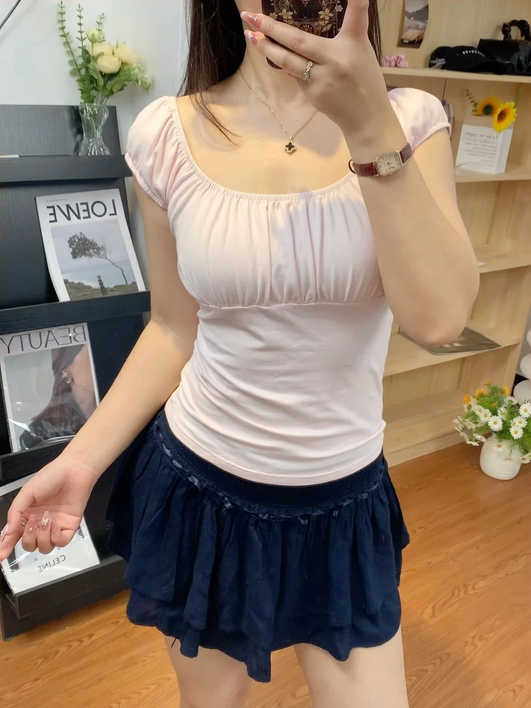

Pure Cotton ort Sve T-irt Women's Pink Floral Embroidery Chest Pleated Bubble Sve Breathable Moisture ng Summe...