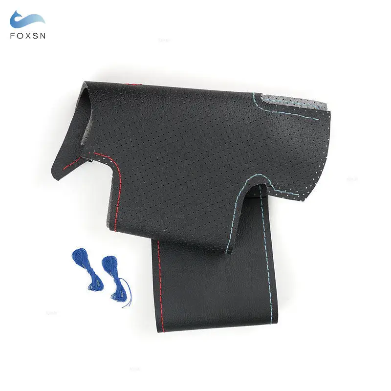 Car Steering Wheel Skin Cover Trim For BMW 5 Series E60 E61 2004 2005 - 2009 Black - red blue line Perforated Microfiber Leather