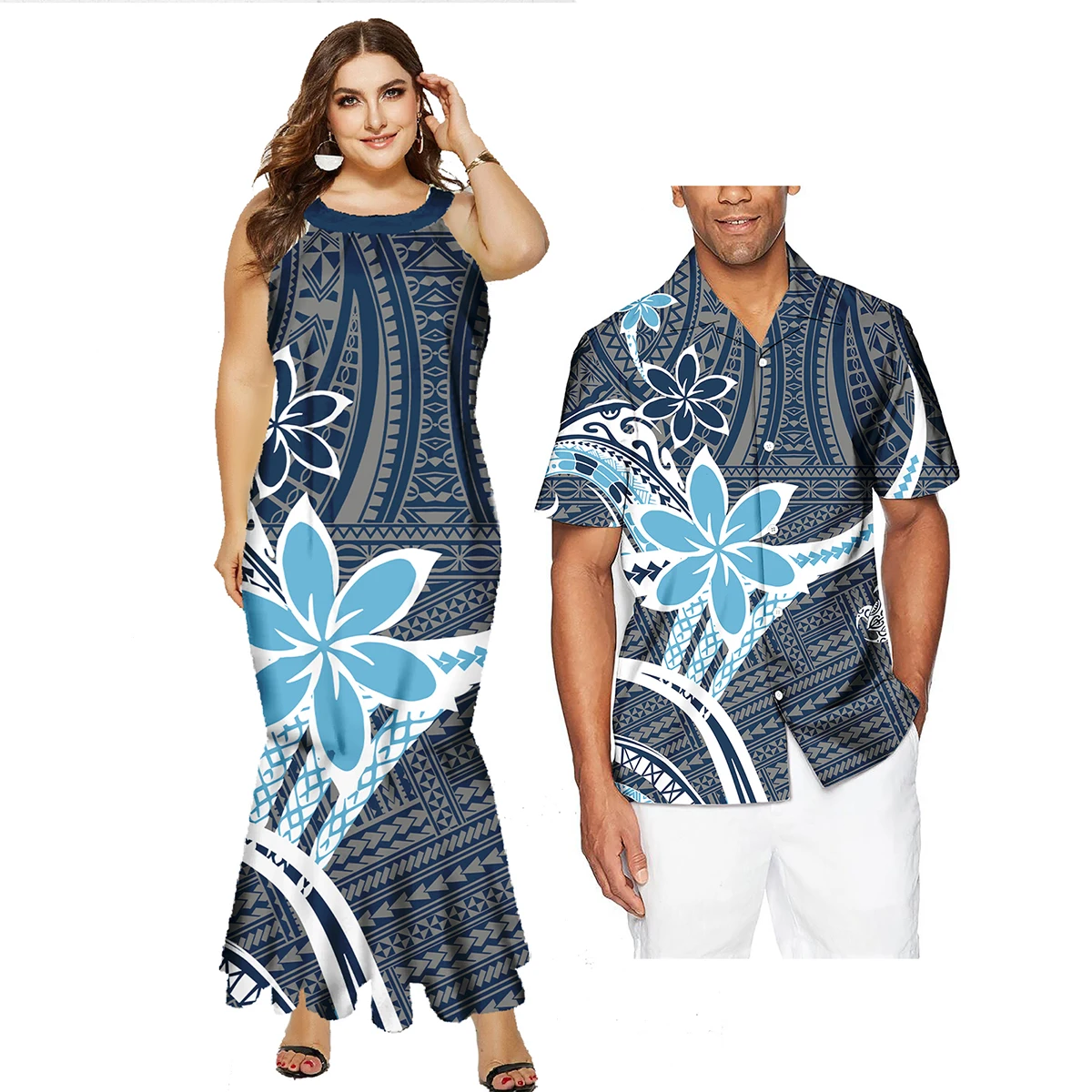 Low Price Custom Plus Size Couples Matching Outfits Polynesian Tribal Long Mermaid Dress And Mens Shirts His And Hers Clothes