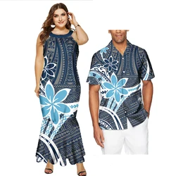 Low Price Custom Plus Size Couples Matching Outfits Polynesian Tribal Long Mermaid Dress And Mens Shirts His And Hers Clothes