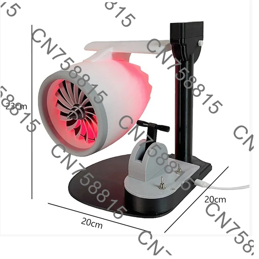 Red and blue tail flame aircraft engine modeling creative fan. Desktop turbofan with humidifying spray