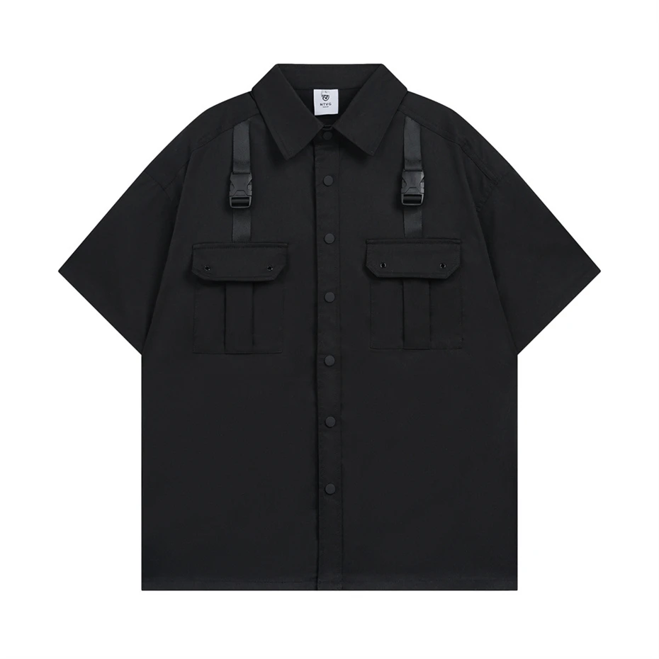 Hip Hop Black Shirt Men Webbing Buckle Short Sleeved Shirts 2025 Summer Functional Harajuku Cargo Casual Shirts Blouse Techwear