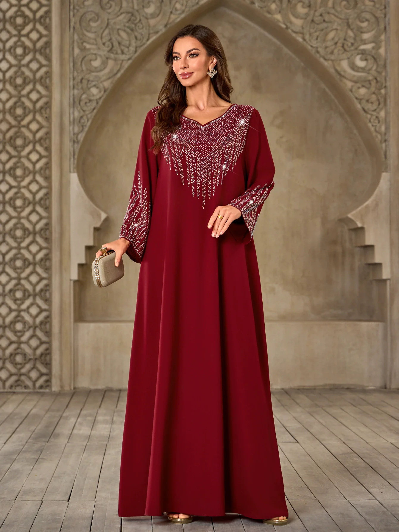 Oriente médio árabe muçulmano moda de luxo longo robe com strass com decote em v casual solto ajuste dubai novo vestido islâmico ramadan