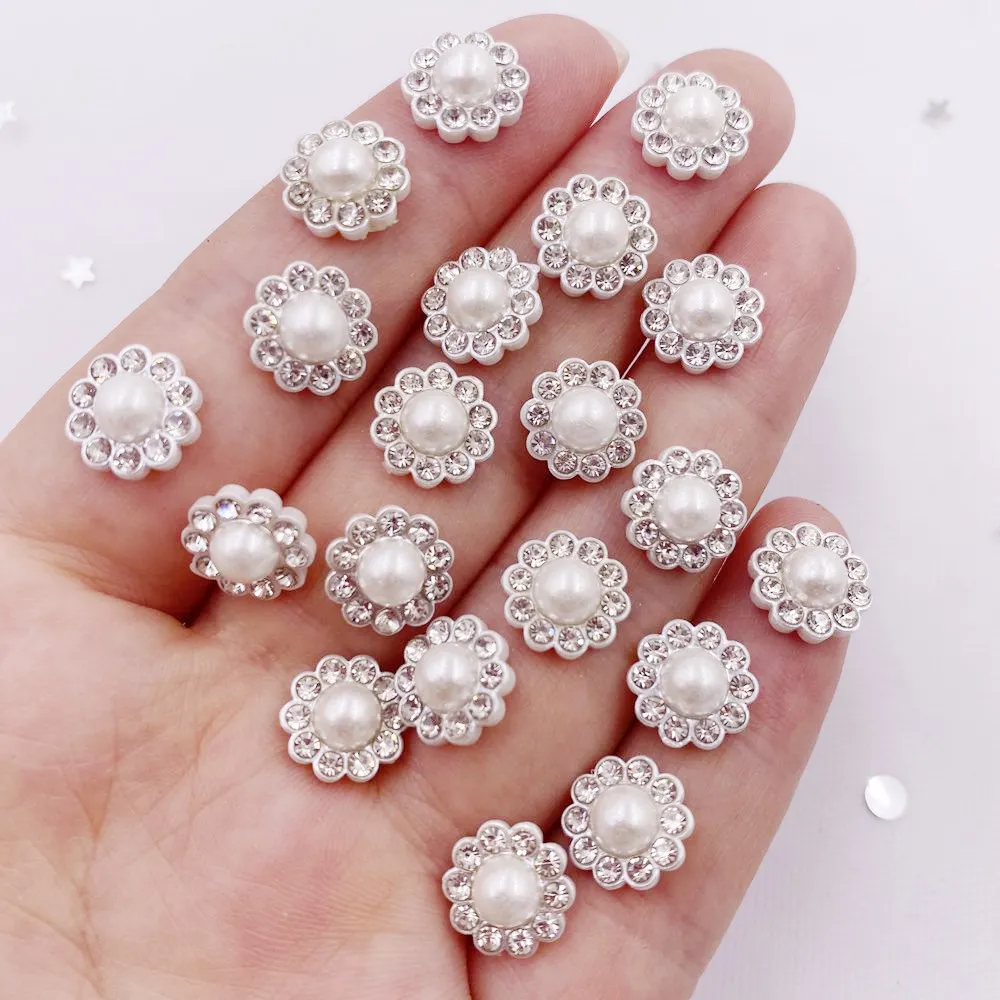 50pcs Resin Flower Round Pearl  Flatback Crystals Nail Rhinestone Applique Wedding DIY Scrapbook Ornament Craft Accessories V01