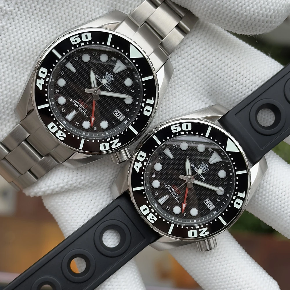 STEELDIVE Men GMT Watch 44.9mm Automatic Mechanical Wristwatch Diver 20ATM Waterproof BGW-9 Luminous Sapphire NH34 Ceramic Bezel
