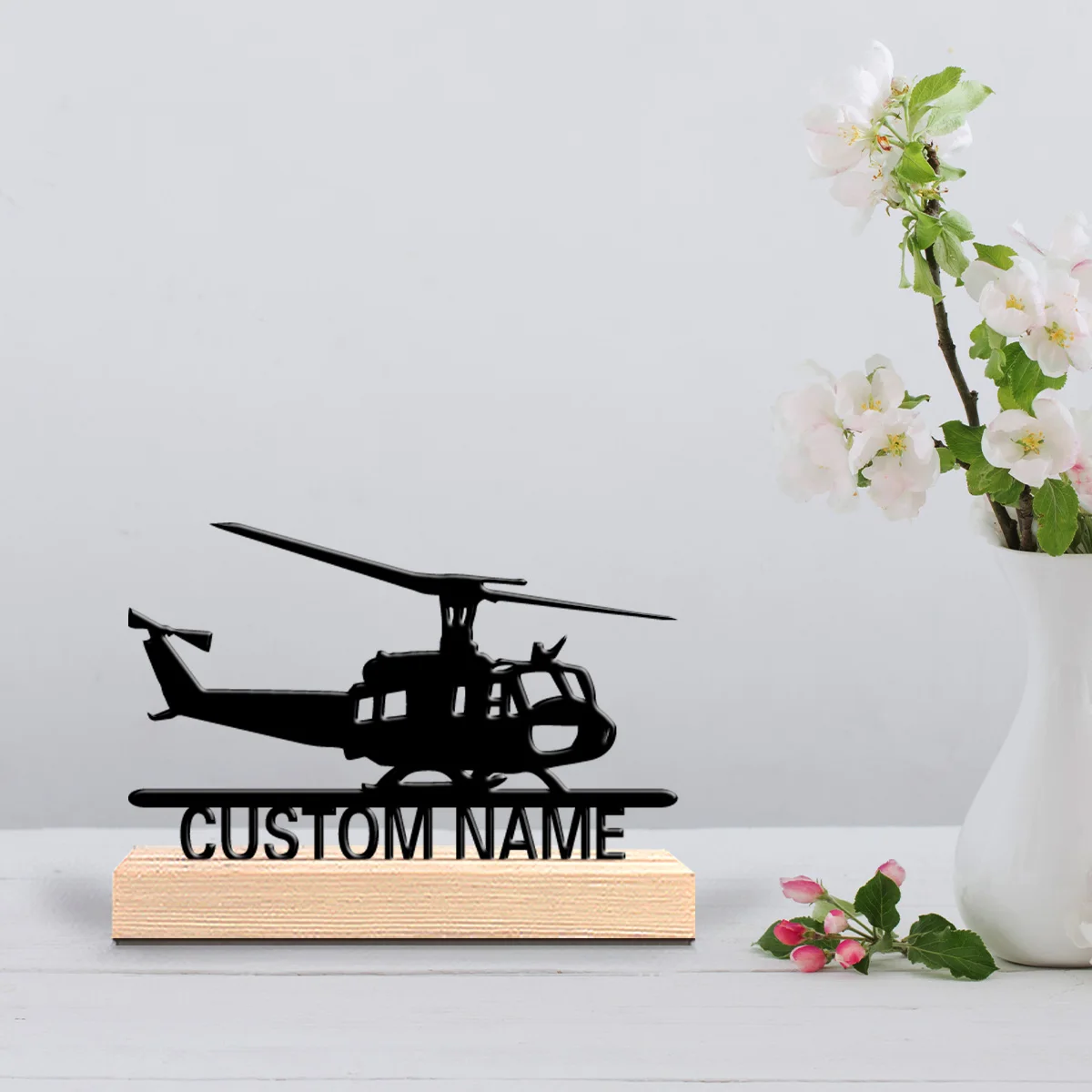 1pc Stylish Personalized Custom helicopter Metal Statues Botanical Wooden Base Desk Art for Nature Lovers Office Zen Calm Spaces