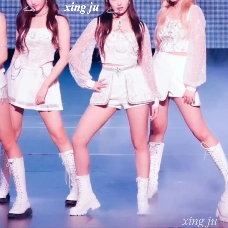 Kpop النساء مجموعة الحفل أداء زي الأبيض الرسن القمم لامعة شرابة السراويل المغني الجاز ملابس رقص DJ المرحلة وتتسابق