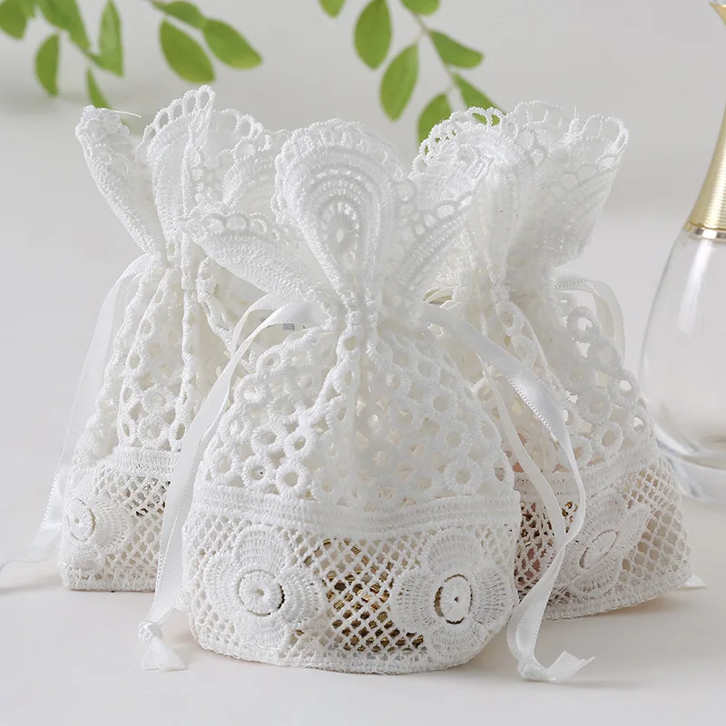

5pcs White Drawstring Lace Jewelry Pouches 10×14cm Elegant Gift Bags for Jewelry Packaging Wedding Favors Gifts Bracelet Storage