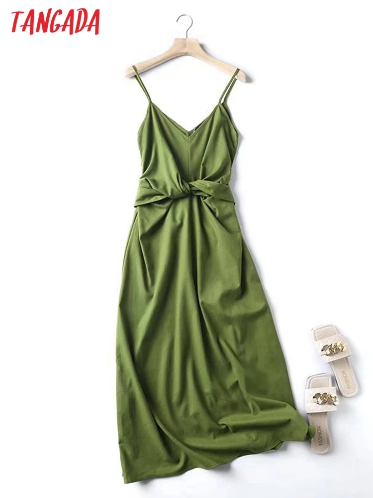 Tangada 2023 fashion women green cotton linen bow dress vintage sleeveless ladies midi dress 4C71