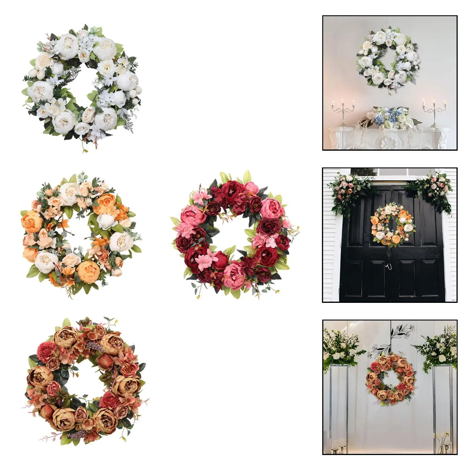 

Искусственный венок из пионов, декоративная гирлянда из шелковых цветов, 18 дюймов, украшение для двери и стен, для использования в помещении и на улице, для дома