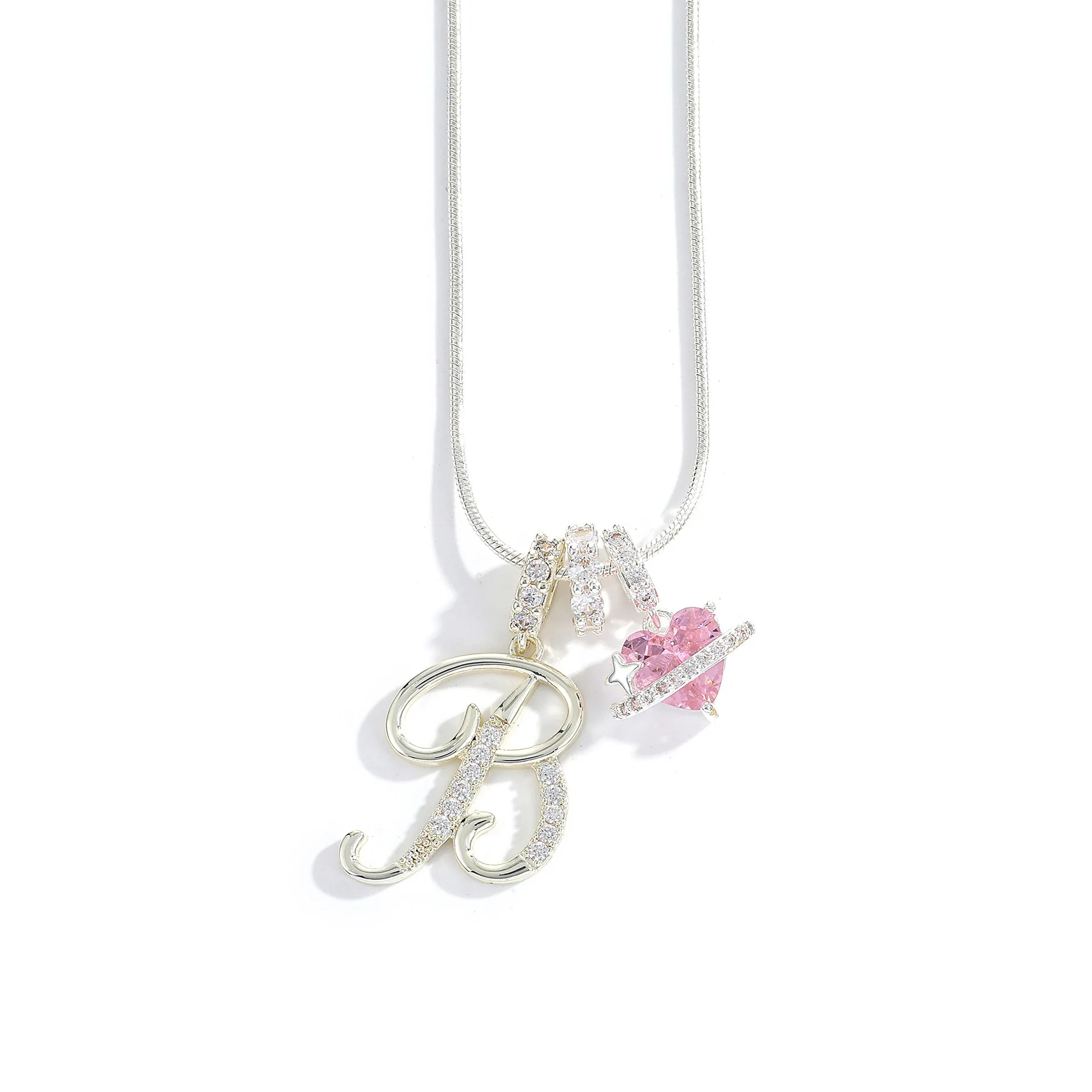 Women's A-Z Initial Letter Pendant Necklace Snake Chain Initial Alphabet CZ Pink Heart Necklace Adjustable Size Hypoallergenic