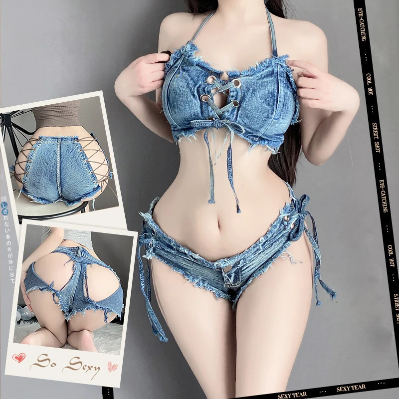 Erotic Denim Women\'s Underwear Fetish Low-Waisted Crotehless Pants Cowboy Style Lingerie 18+ Porn Ripped Denim Nightclub Costume