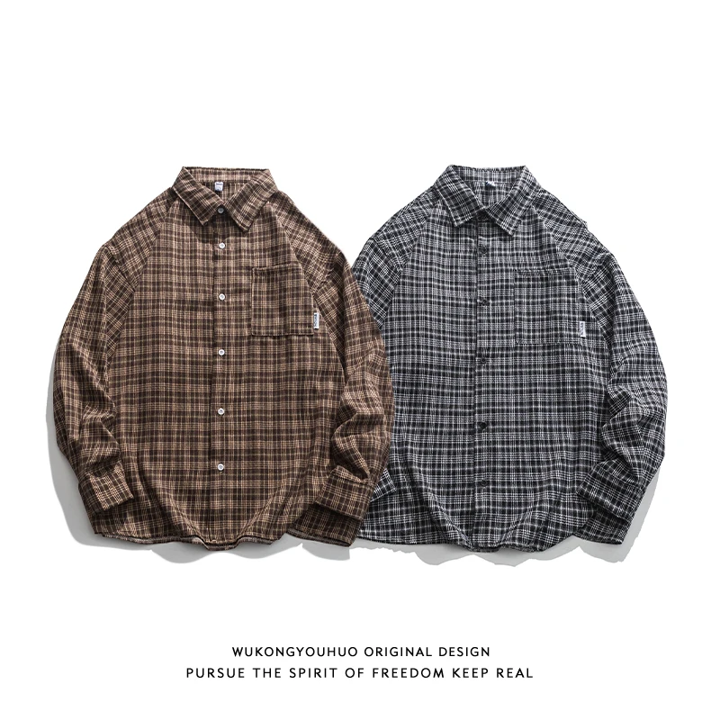 Spring Autumn Japanese High Street Plaid Contrast Long-sleeved Shirts for Men and Women Retro Loose Casual Couple Shirt Jacket