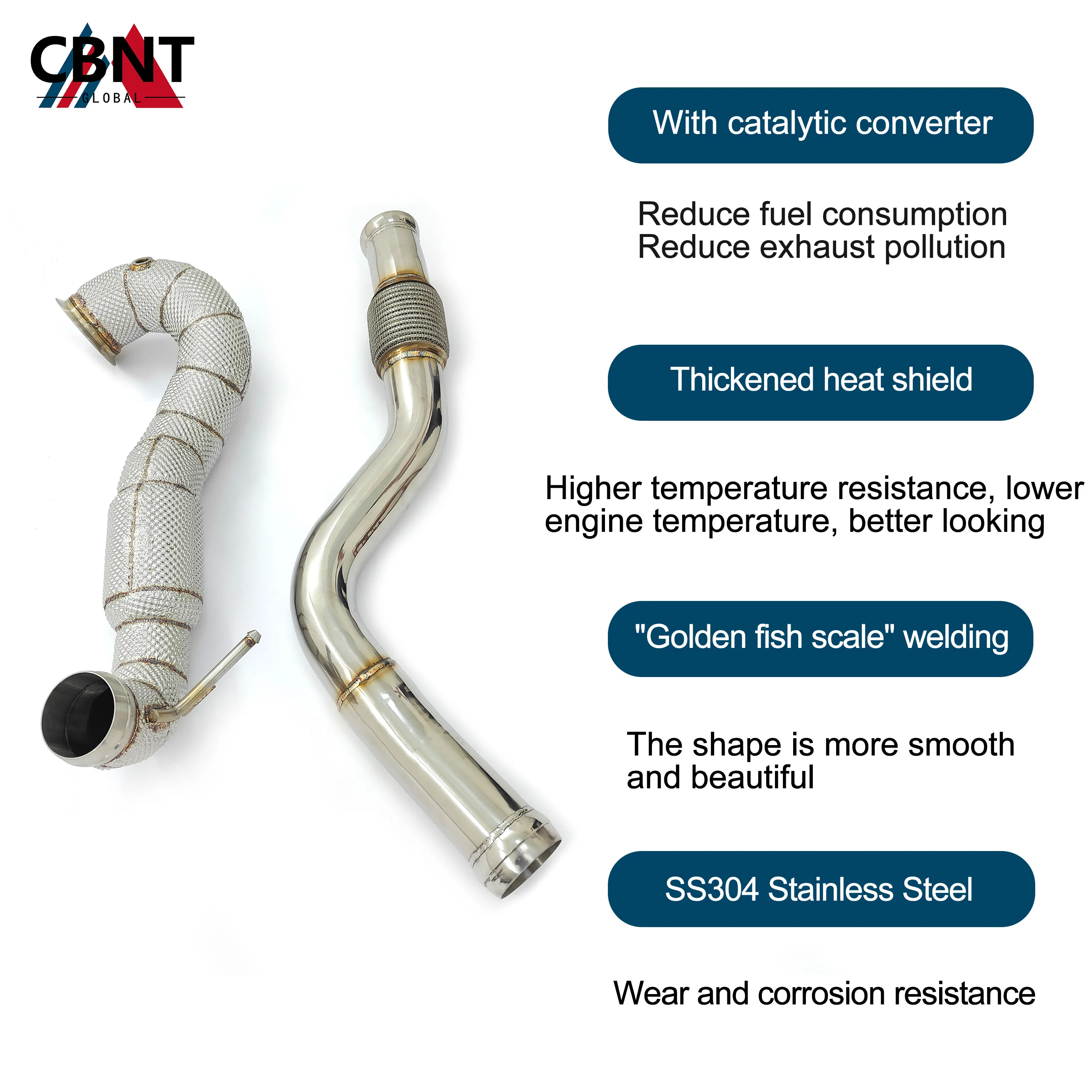CBNT Exhaust Header SS304 for Mercedes Benz W176 A45 CLA45 GLA45 2.0T 2014-2018 Downpipe with Heat Shield Tuning Exhaust Pipe