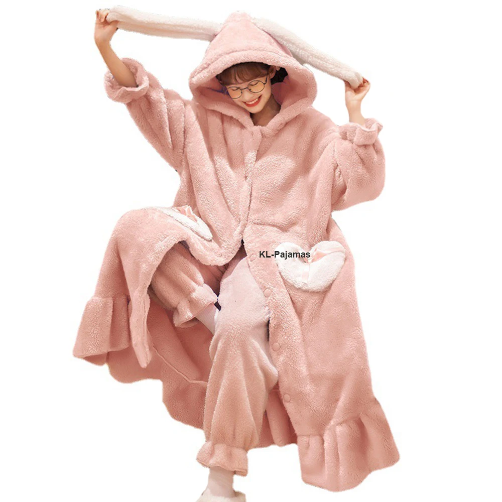 Winter Thicken Nightgown With Pants Suit Kawaii Pajamas Sets Cartoon Long Ears Lovely Hooded Sleepwear Coral Warm Home Clothes