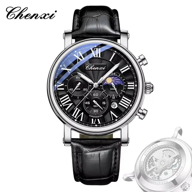 CHENXI-ساعة كوارتز شفافة للرجال ، حركة متعددة الوظائف ، حزام جلد أسود مقاوم للماء ، ساعات إضاءة ليلية ، تقويم ،