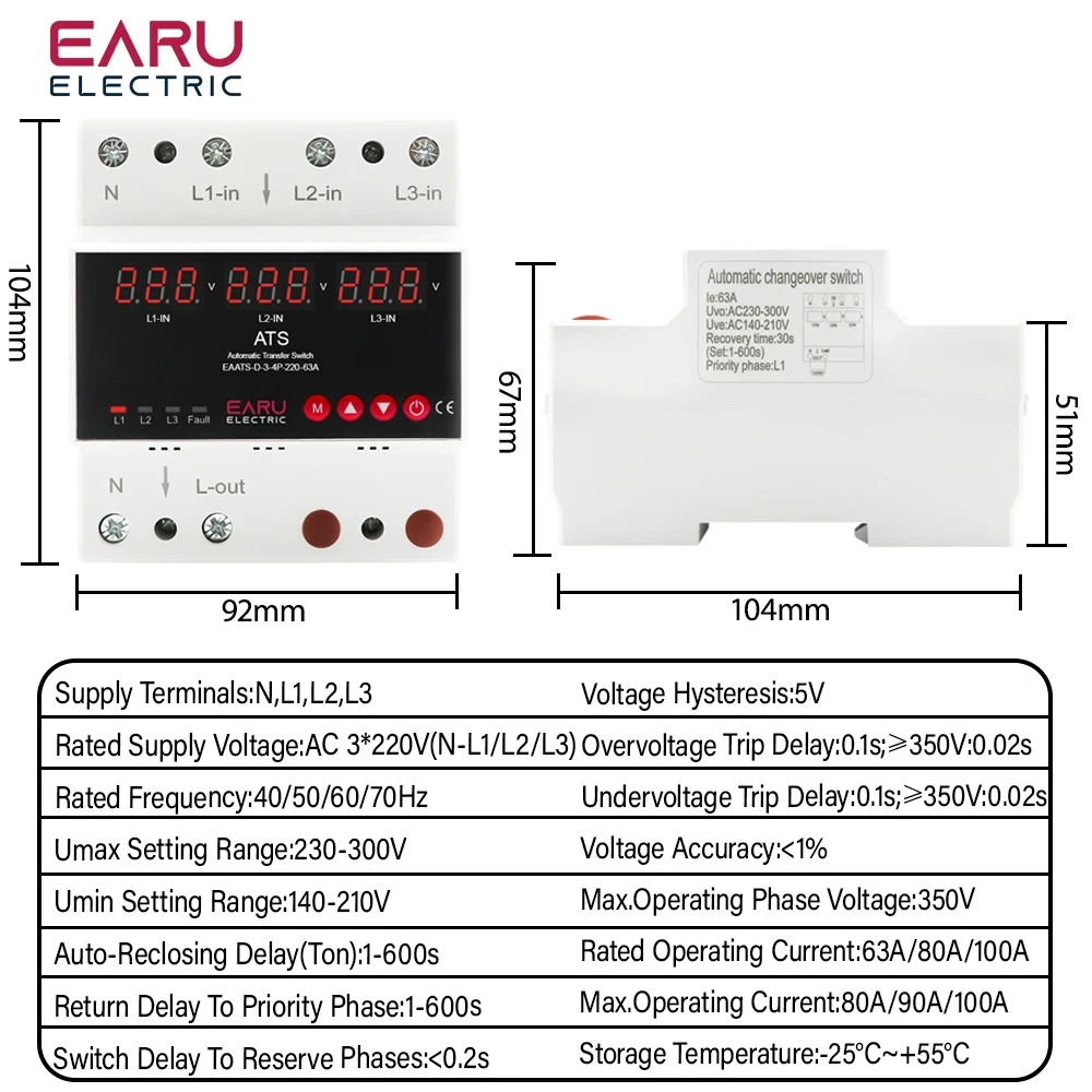 63A 100A 3 Phase 3P+N Over Under Voltage Protector ATS Automatic Transfer Switch Phase Selector Uninterrupted Power Over Current