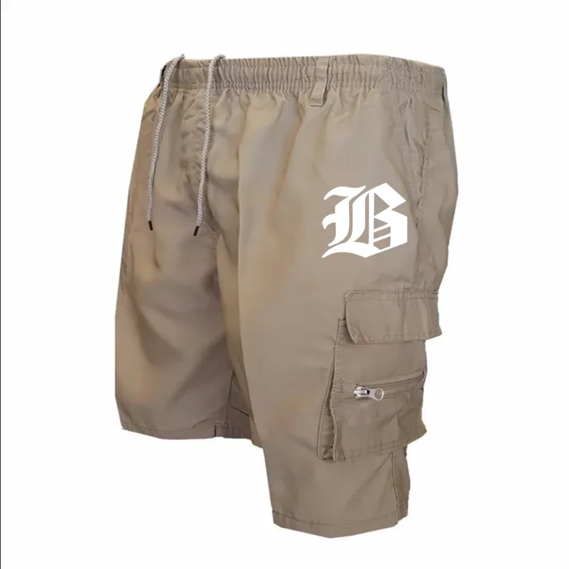 Gothic Style Letter Print Mens Cargo Shorts Multi Zipper Pocket Elastic Drawstring Casual Outdoor Shorts
