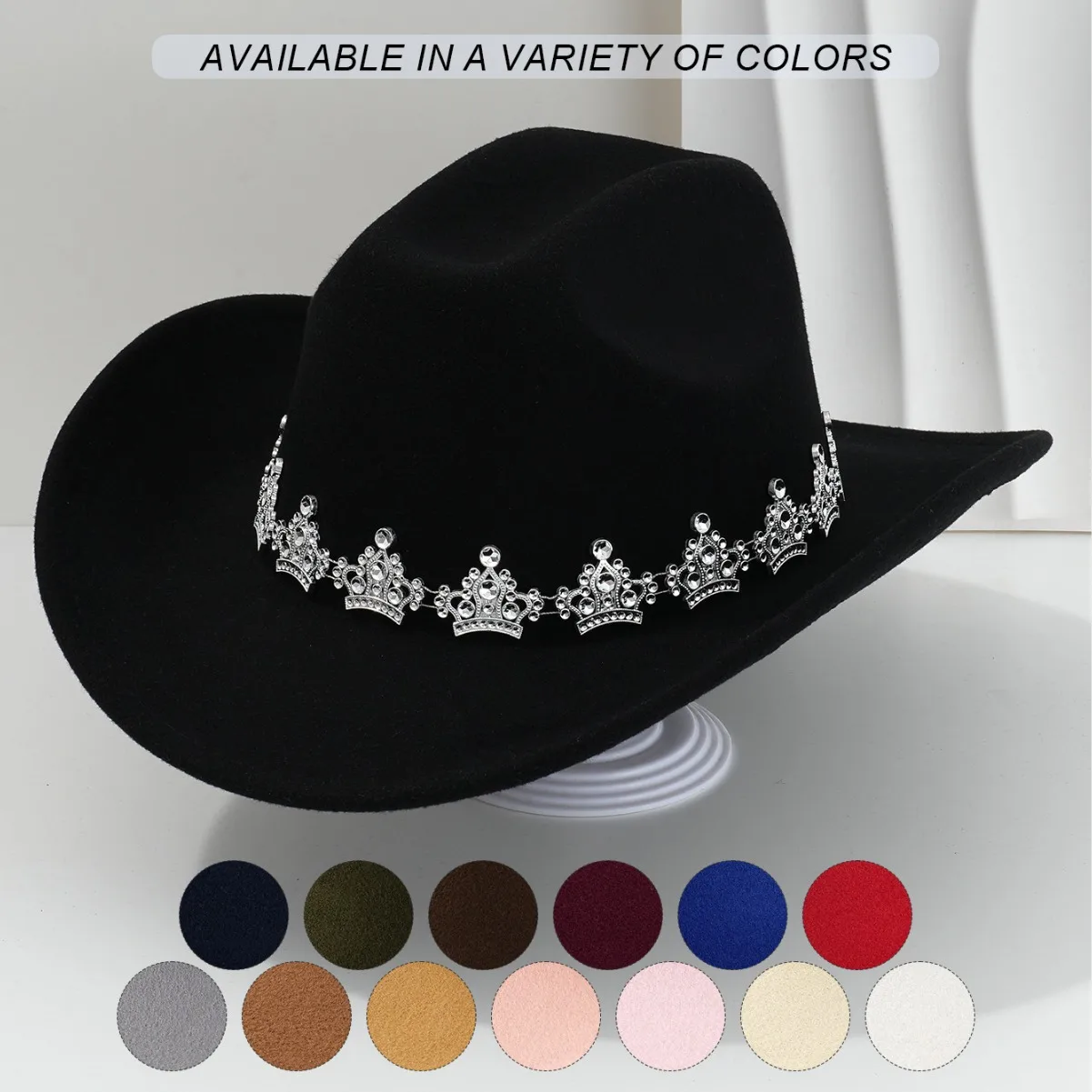 HongLuan Chapéus de topo de feltro preto/branco de luxo, chapéu de cowboy elegante mulher de strass, acessórios de cowboy, boné de festa para homem original