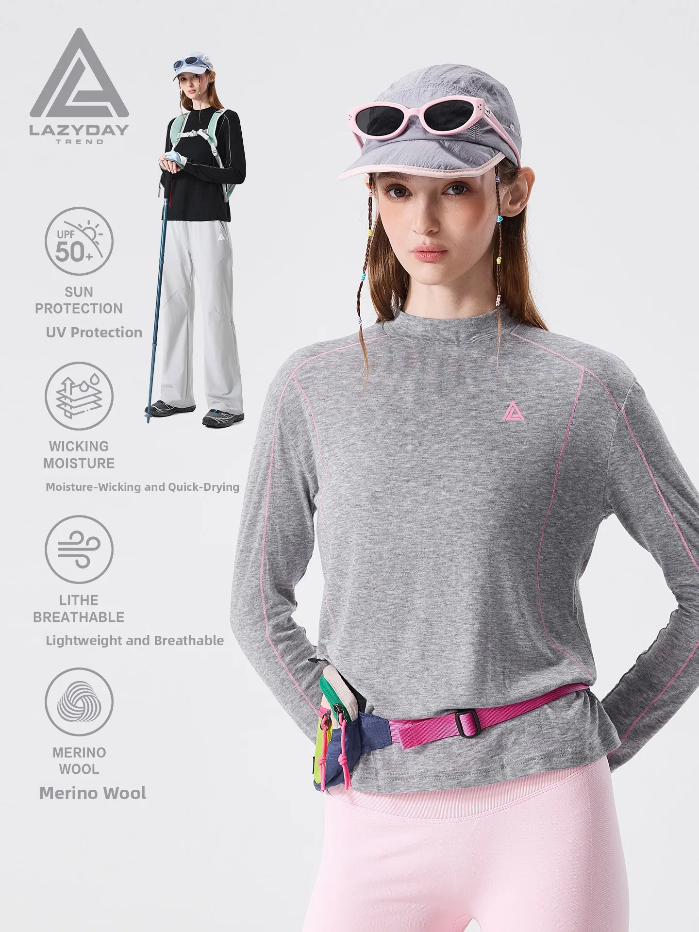 LAZY DAY Mеринос Wool Quick Dry Long Sleeve T-Shirt Women's Håsf Line Outdoor Climbing Hiking Sports Clothes Breathable UV Pr...