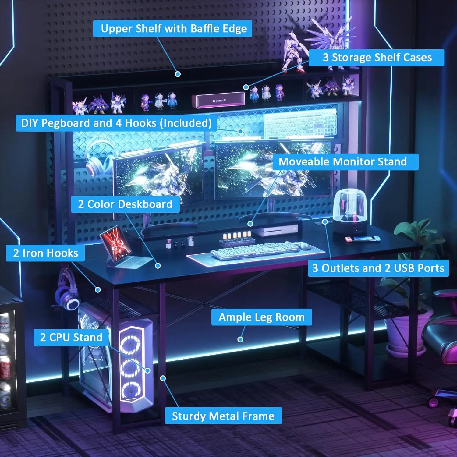 مكتب ألعاب مزود بخزانة، مكتب LED مقاس 55.2 بوصة مع منافذ، مكتب كمبيوتر قابل للعكس مع لوح بيجبورد وحامل شاشة، أسود