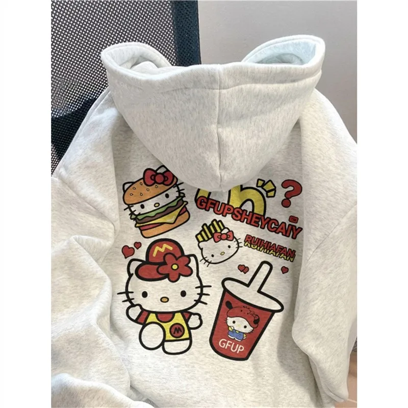 Sanrio Cartoon Hamburger Hello Kitty Hoodies Sweatshirts Anime Kawaii Men Women Autumn Winter Loose Casual Tops Gift