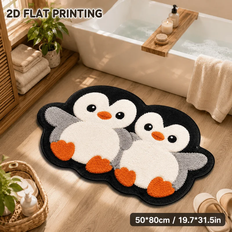 VIKAMA Cute Couple Penguin Rug, Non-Slip Odd-Shaped Entryway Mat, Bathroom Mat, Home Decor for the Bedroom and Living Room