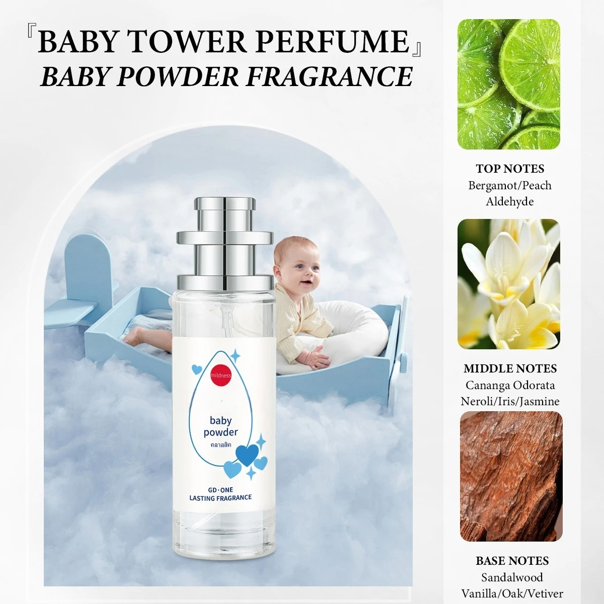 Profumo in polvere per bambini Equivalence: un profumo fresco di lunga durata con lavanda e mela verde, perfetto per la freschezza quotidiana della pelle morbida