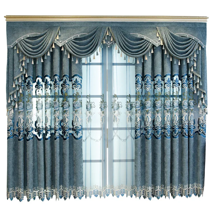 Rideaux de fenêtre brodés évidés en chenille soluble dans l'eau, style européen, bleu, salon, chambre à coucher, sol au plafond