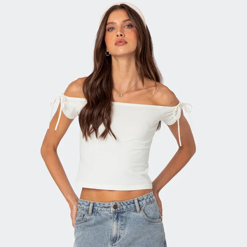 CUTENOVA Women Off Shoulder Crop Tops Sexy Short Sleeve Solid Drawstring T-Shirt Fashion Y2K Streetwear Clubwear Outfit Cropped