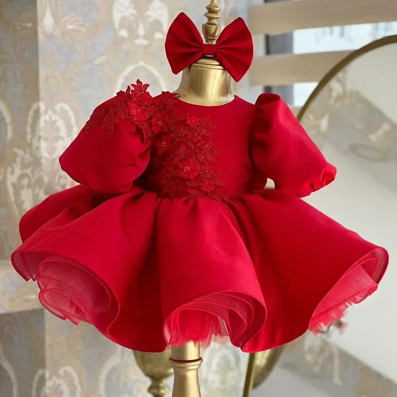 Prom Dress for Kids Girl Wedding Festival Ball Formal Eid Clothes Bubble DressES Appliques Flower Sleeves Celebration Princess