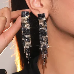 Fashion Long Tassel Rhinestone Drop Earrings for Women Black Leopard Print Crystal Dangle Earring Party Wedding Jewelry